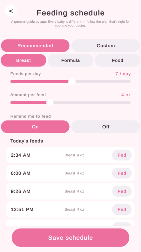 First Track app screen: a daily newborn feeding schedule with gentle reminders
