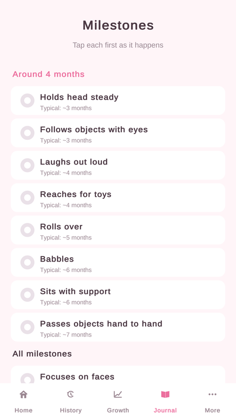 First Track app screen: a checklist of baby milestones and firsts grouped by age