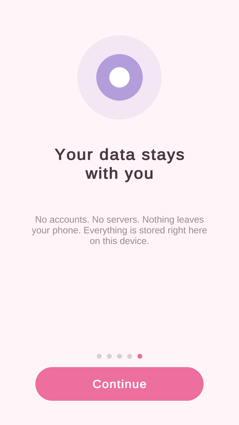 First Track app screen: your baby data stays private on your phone, with no account or cloud